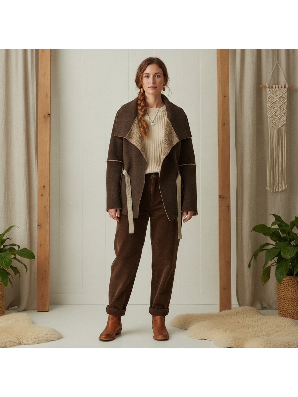 Stina Sayre Women's Brown Sherpa Fleece Wrap Jacket Size Small - Cream Trim